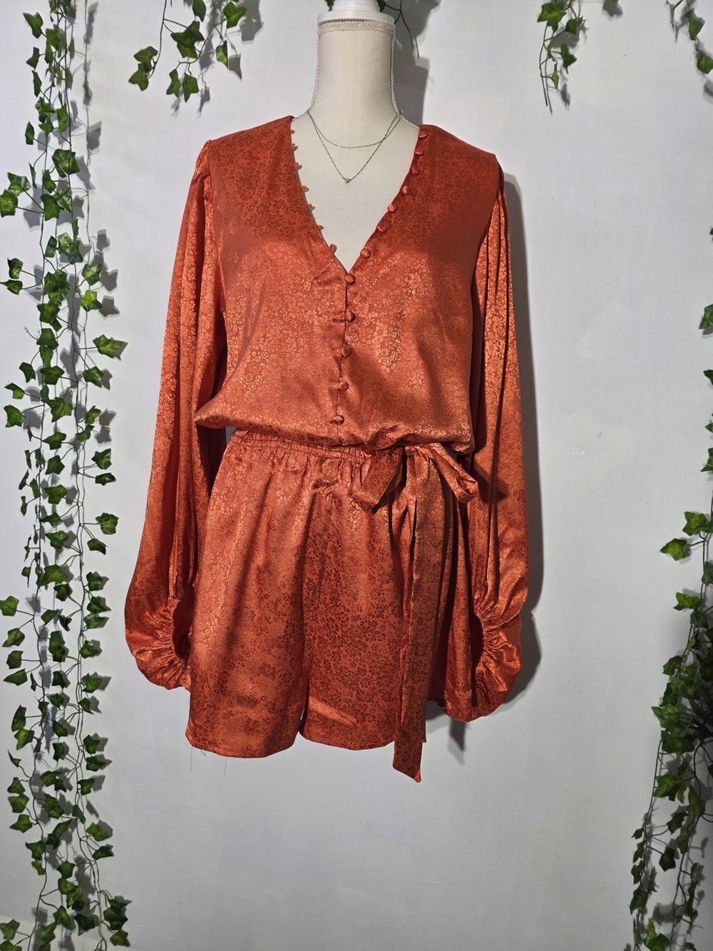 Vici Burnt Orange Satin Button-Front Tie-Waist Blouse